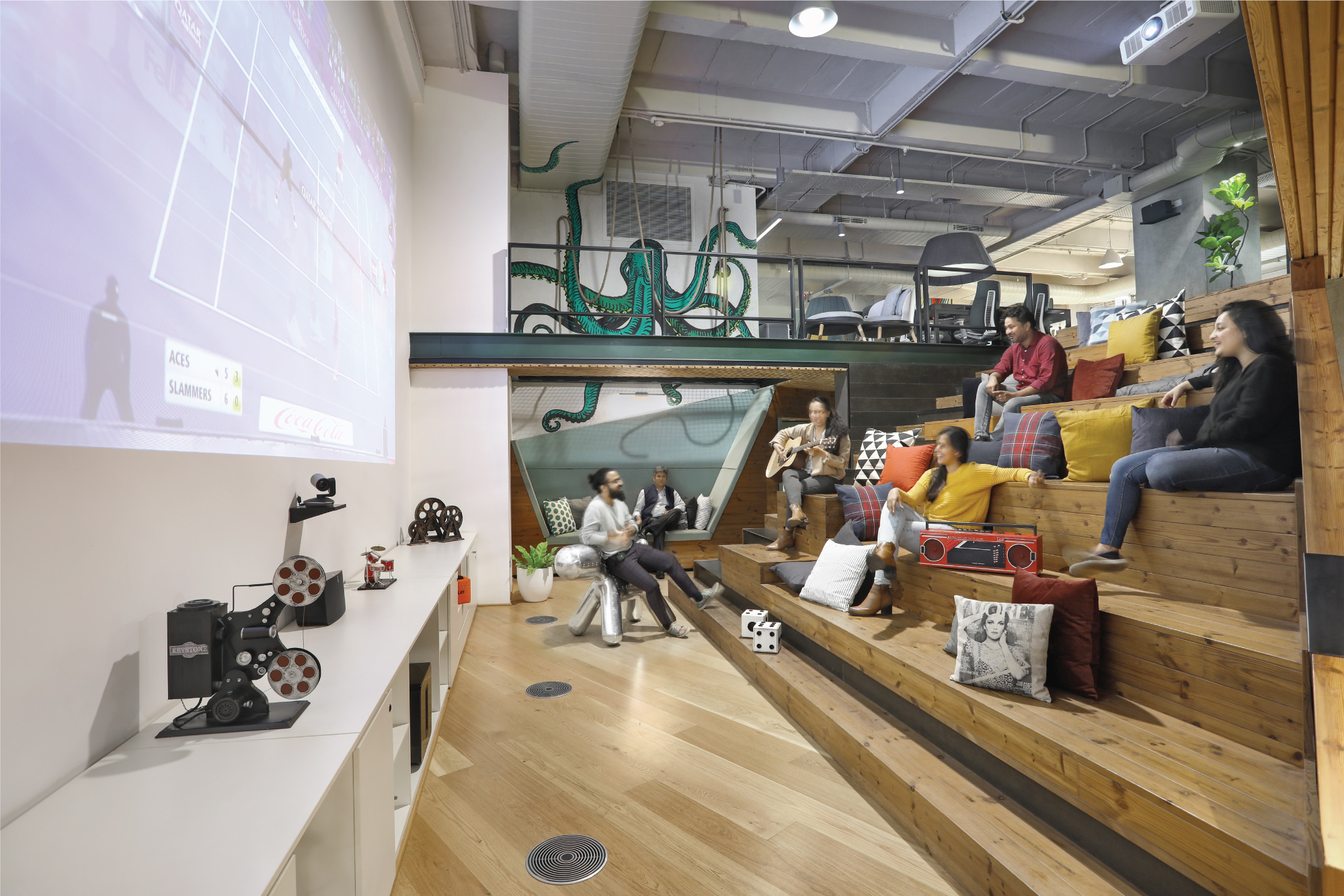blab  is a step seating area that acts as a zone for our team to connect over tennis matches